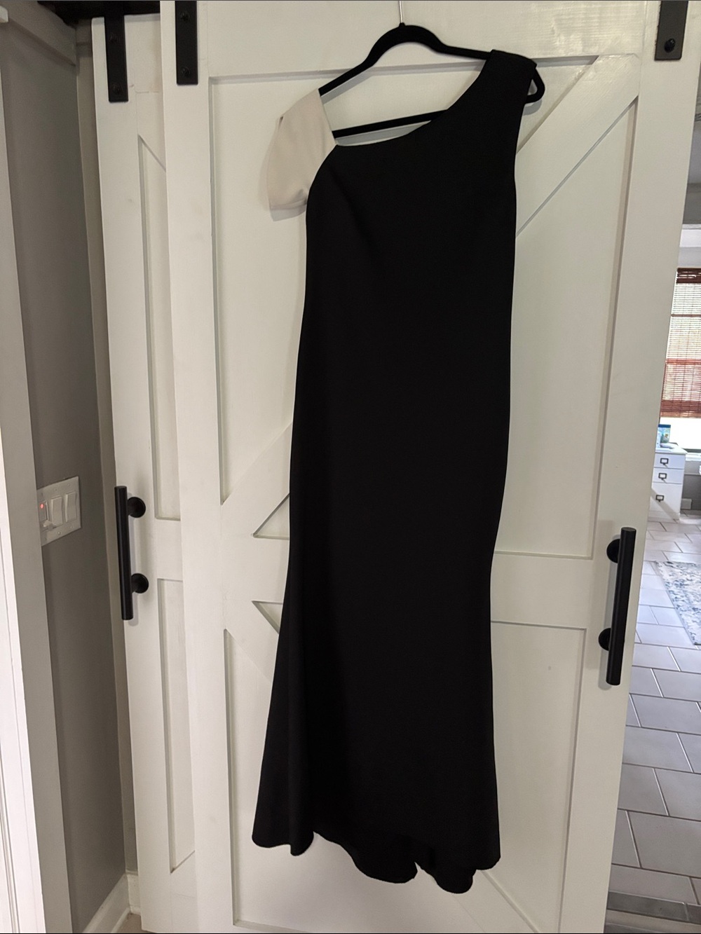 Badgley Mischka One-Shoulder Black Dress with Cream Shoulder Detail